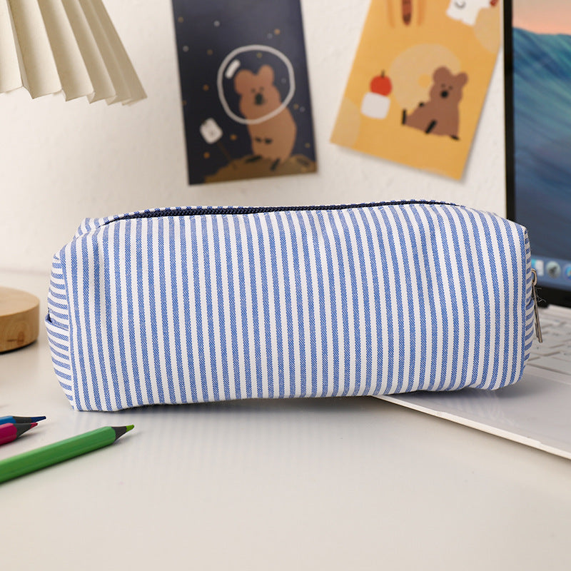 Striped Canvas Pencil Case and Stationery Organizer with Top Zipper