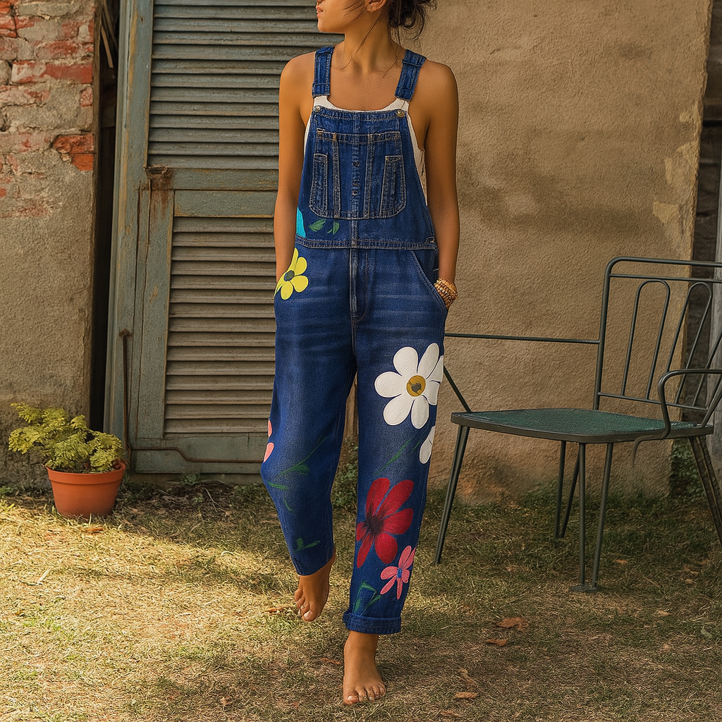 Stylish denim jumpsuit with floral pattern