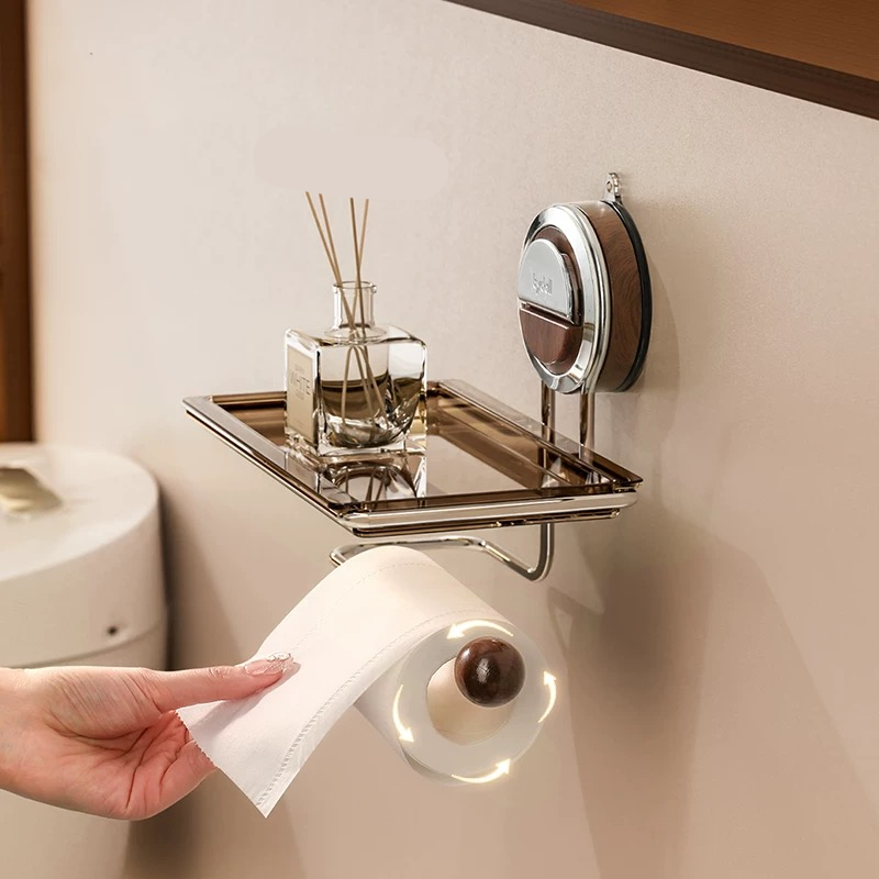 Porte-papier toilette à ventouse avec effet bois - Acier inoxydable sans perçage, installation facile sur les surfaces lisses