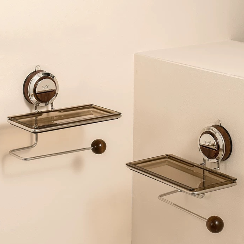 Porte-papier toilette à ventouse avec effet bois - Acier inoxydable sans perçage, installation facile sur les surfaces lisses