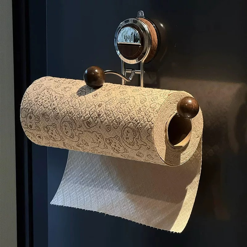 Porte-papier toilette à ventouse avec effet bois - Acier inoxydable sans perçage, installation facile sur les surfaces lisses