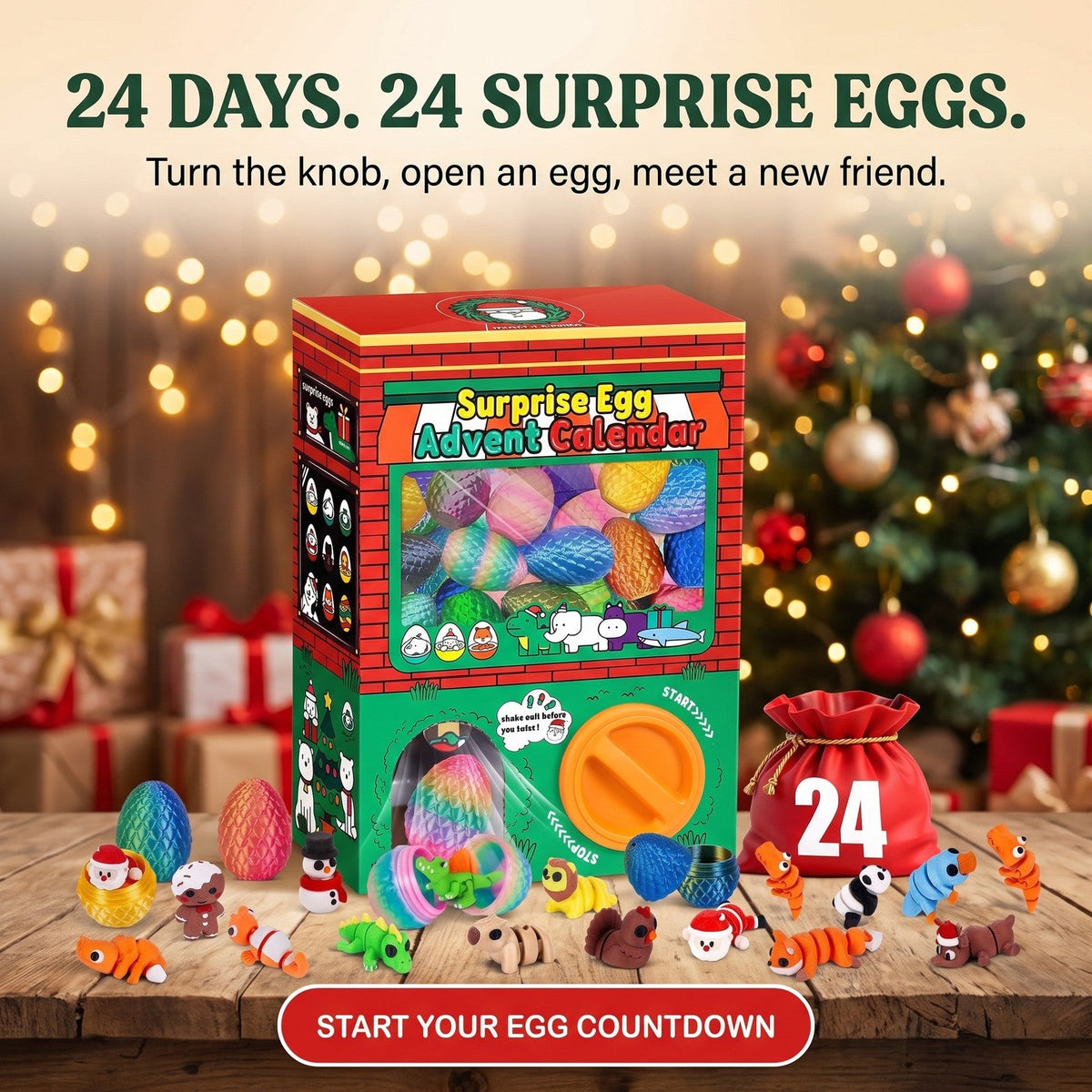 Gumball Machine Surprise Egg Advent Calendar, 24 Eggs with 3D Printed Flexible Figures