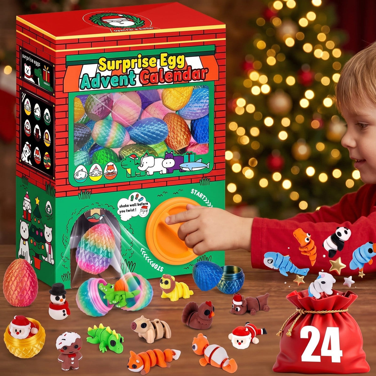 Gumball Machine Surprise Egg Advent Calendar, 24 Eggs with 3D Printed Flexible Figures