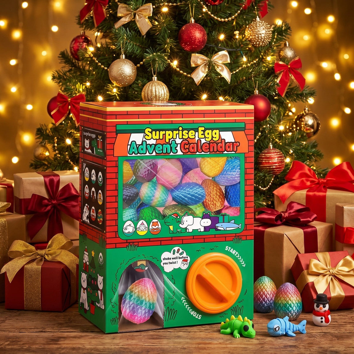 Gumball Machine Surprise Egg Advent Calendar, 24 Eggs with 3D Printed Flexible Figures