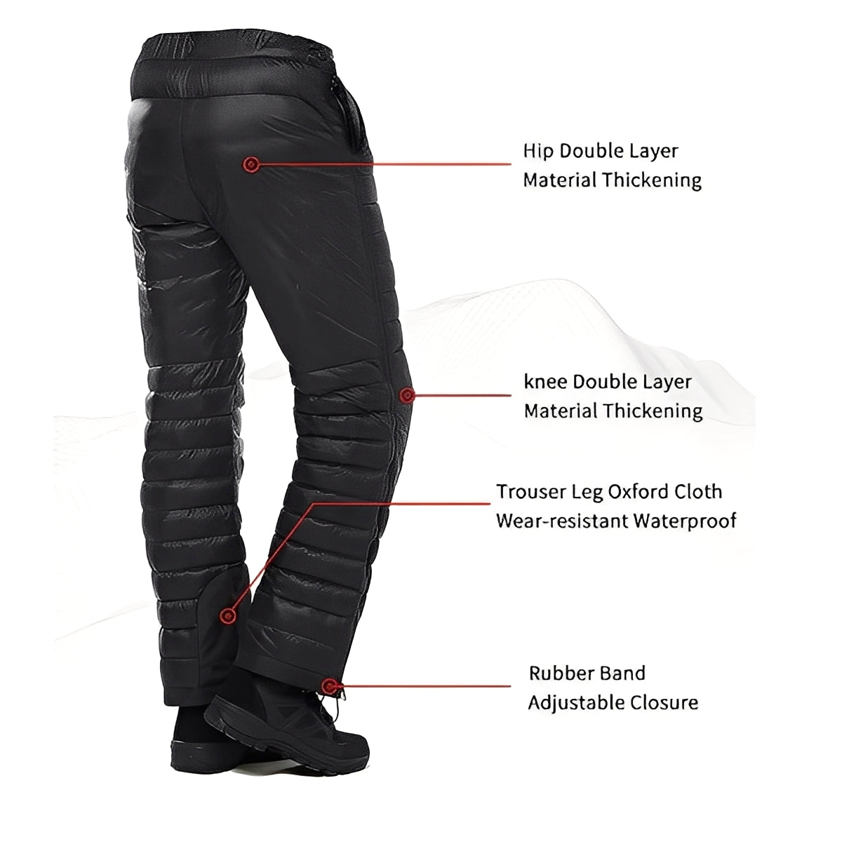 Pantalon thermique d’extérieur de randonnée et de ski en duvet d’oie avec fermeture à glissière