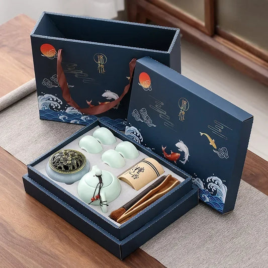 Traditional Ceramic Tea Set with Teapot, Cups, and Incense Burner for Calming Tea Moments
