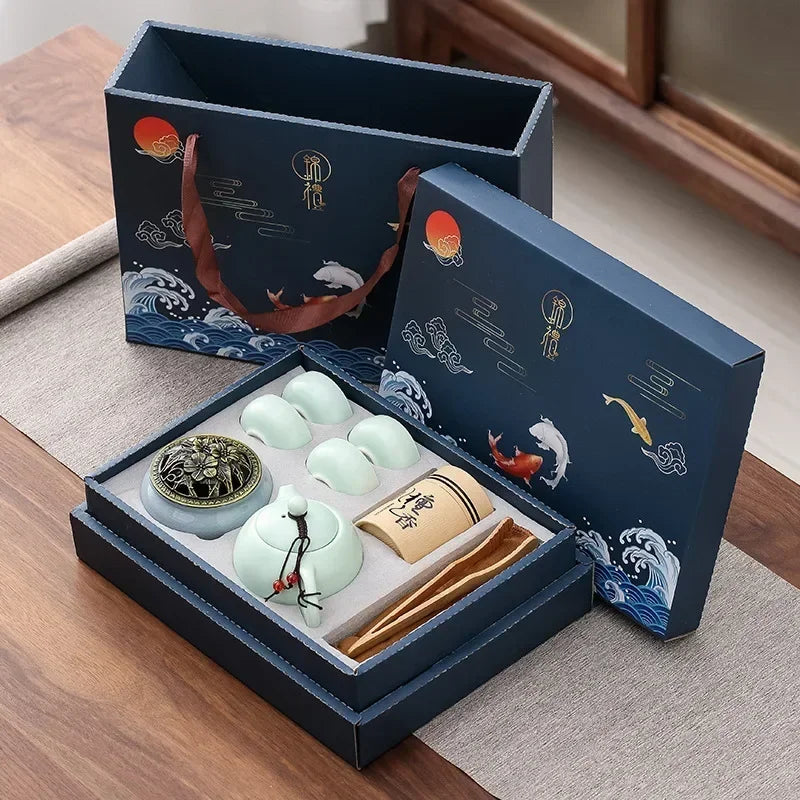 Traditional Ceramic Tea Set with Teapot, Cups, and Incense Burner for Calming Tea Moments