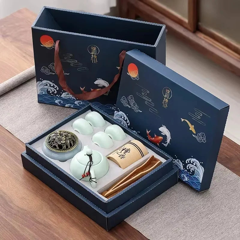 Traditional Ceramic Tea Set with Teapot, Cups, and Incense Burner for Calming Tea Moments