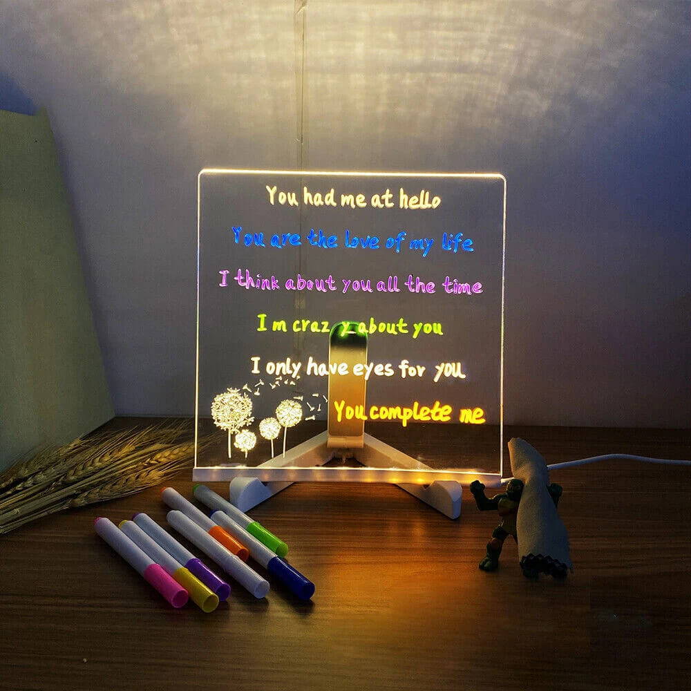 Transparent Luminous Acrylic Writing Board with 7 Colored Pens – Reusable Message Board with LED Lighting