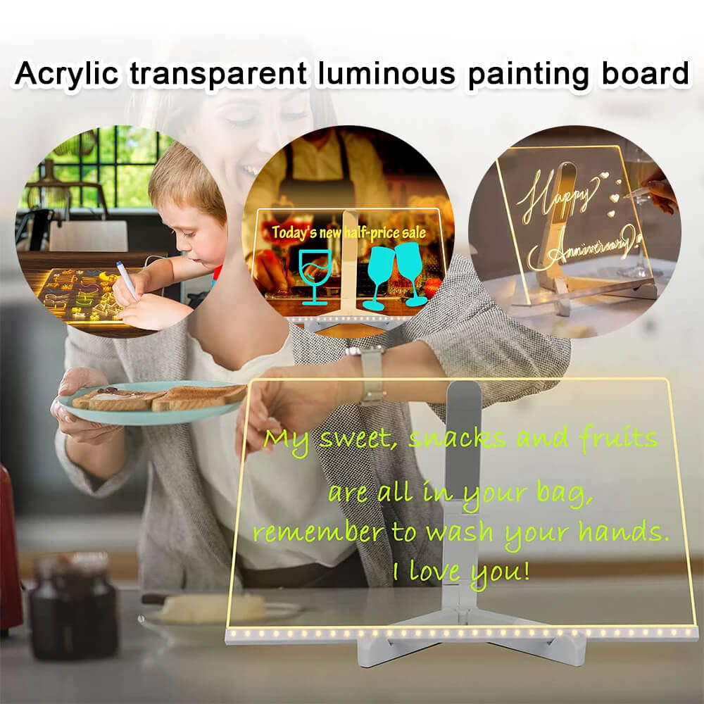Transparent Luminous Acrylic Writing Board with 7 Colored Pens – Reusable Message Board with LED Lighting