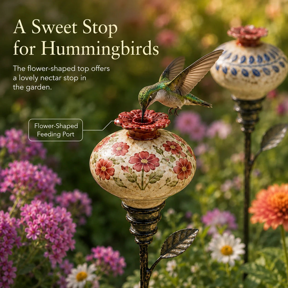 Tuteur de jardin vintage en céramique avec mangeoire pour colibris