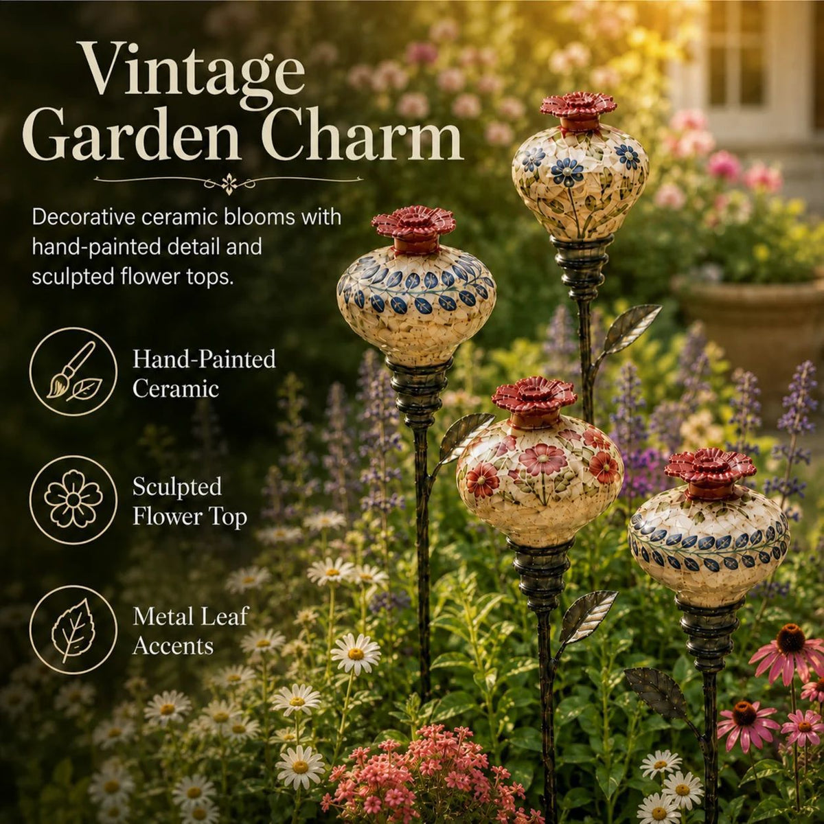 Tuteur de jardin vintage en céramique avec mangeoire pour colibris