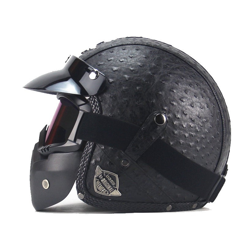 Vintage PU Leather Motorcycle Helmet with Face Mask Glasses
