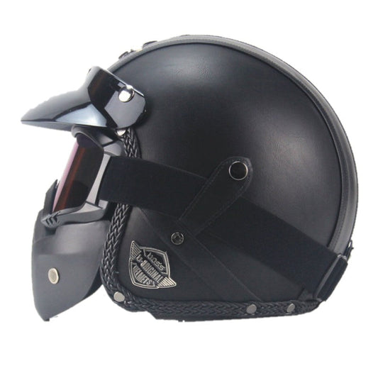 Vintage PU Leather Motorcycle Helmet with Face Mask Glasses