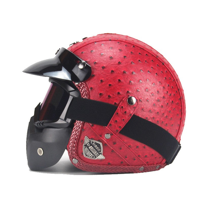 Vintage PU Leather Motorcycle Helmet with Face Mask Glasses