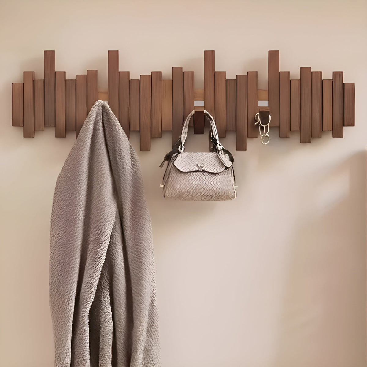 Wall-Mounted Coat Rack with Foldable Hooks and Piano-Key Mechanism