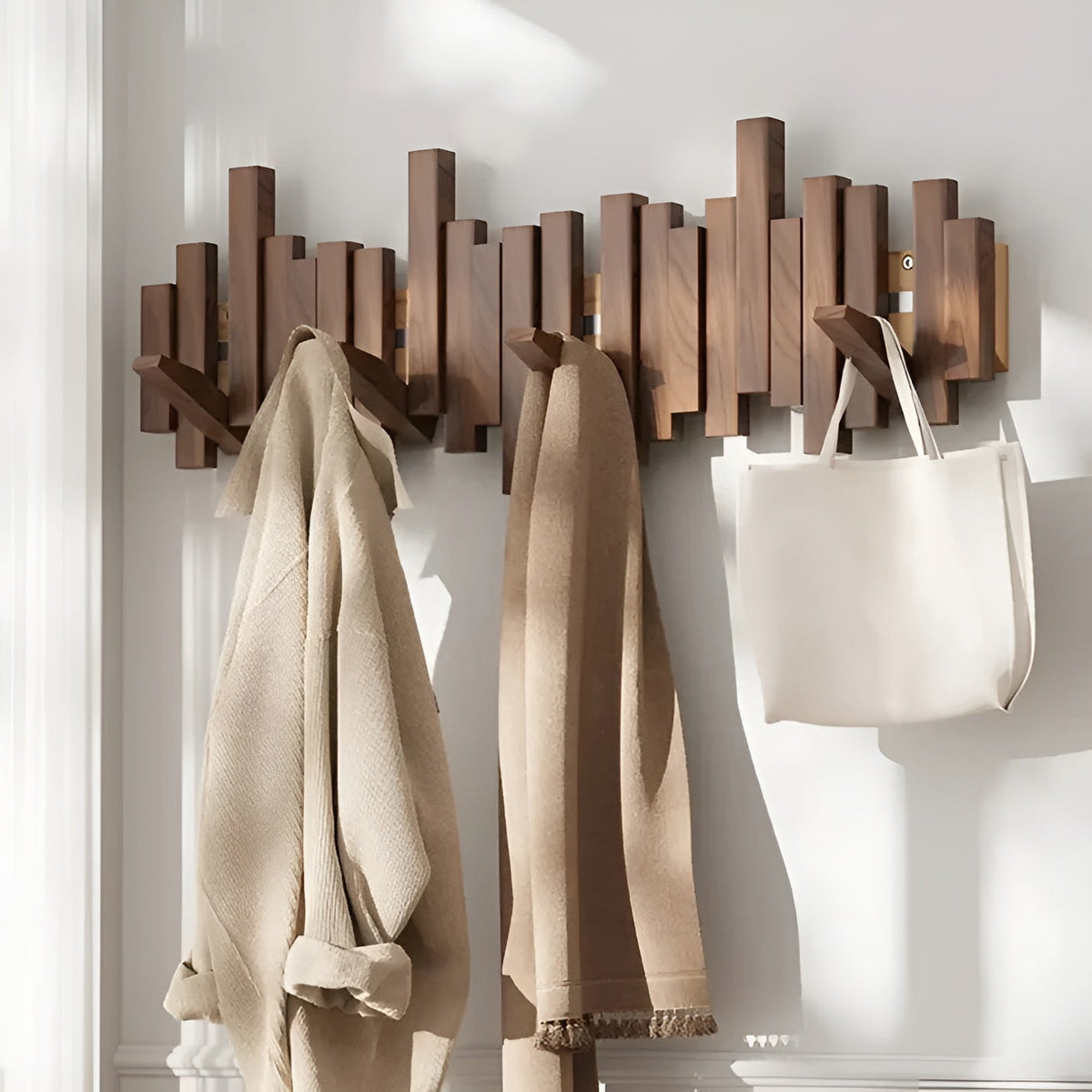 Wall-Mounted Coat Rack with Foldable Hooks and Piano-Key Mechanism