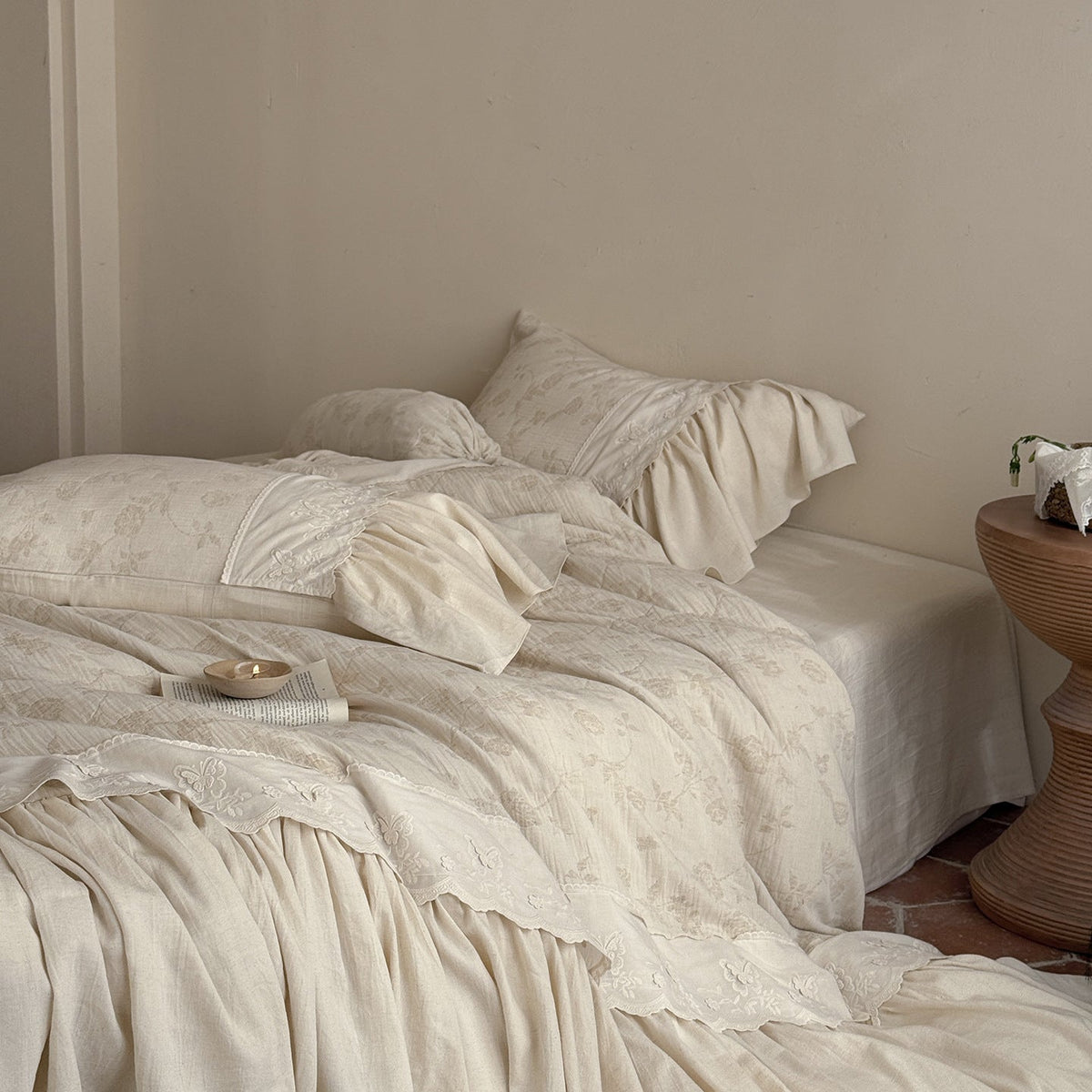 Washed Cotton-Linen Bedding Set with Ruffled Trim, Tone-on-Tone Floral Embroidery, and Lightweight Quilt