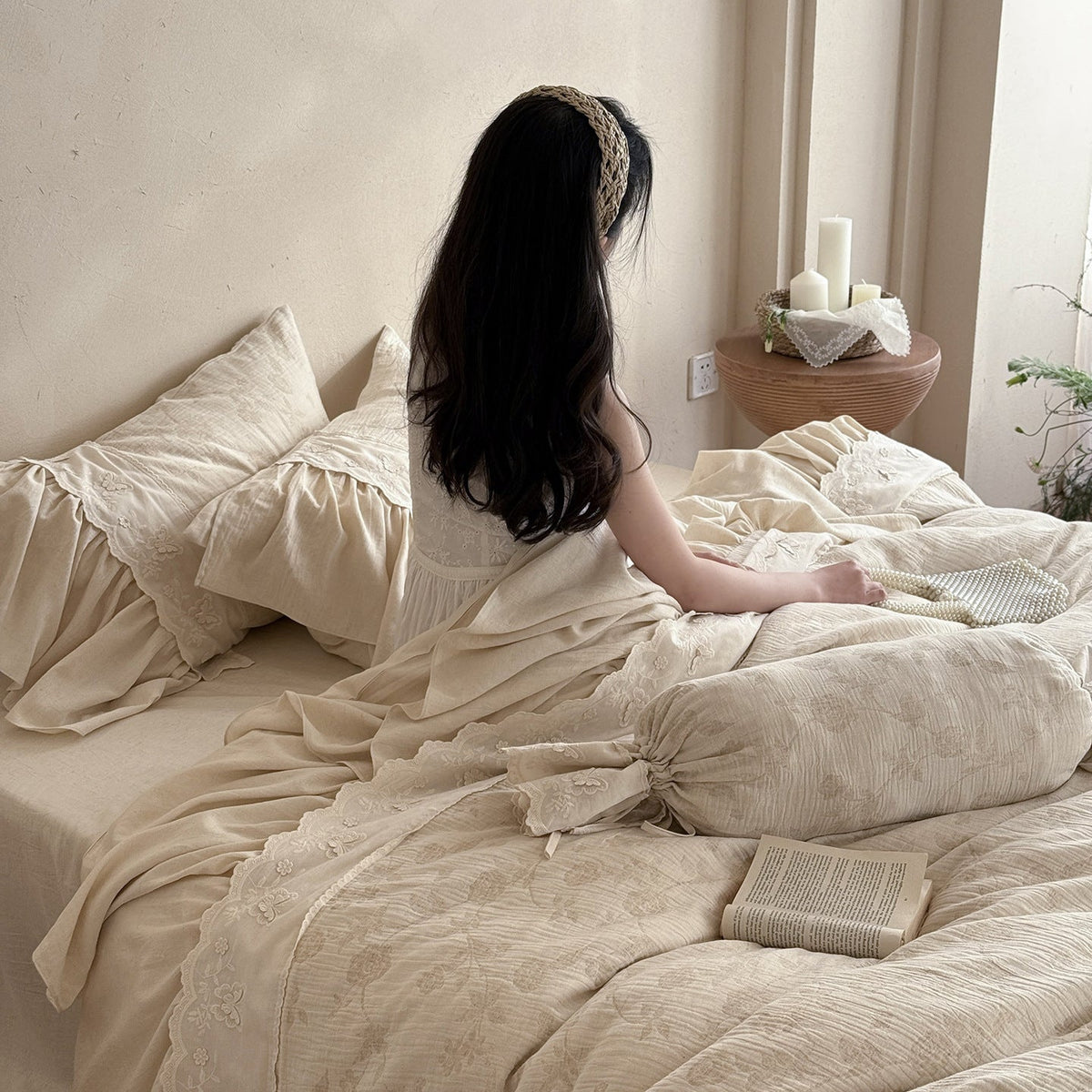 Washed Cotton-Linen Bedding Set with Ruffled Trim, Tone-on-Tone Floral Embroidery, and Lightweight Quilt