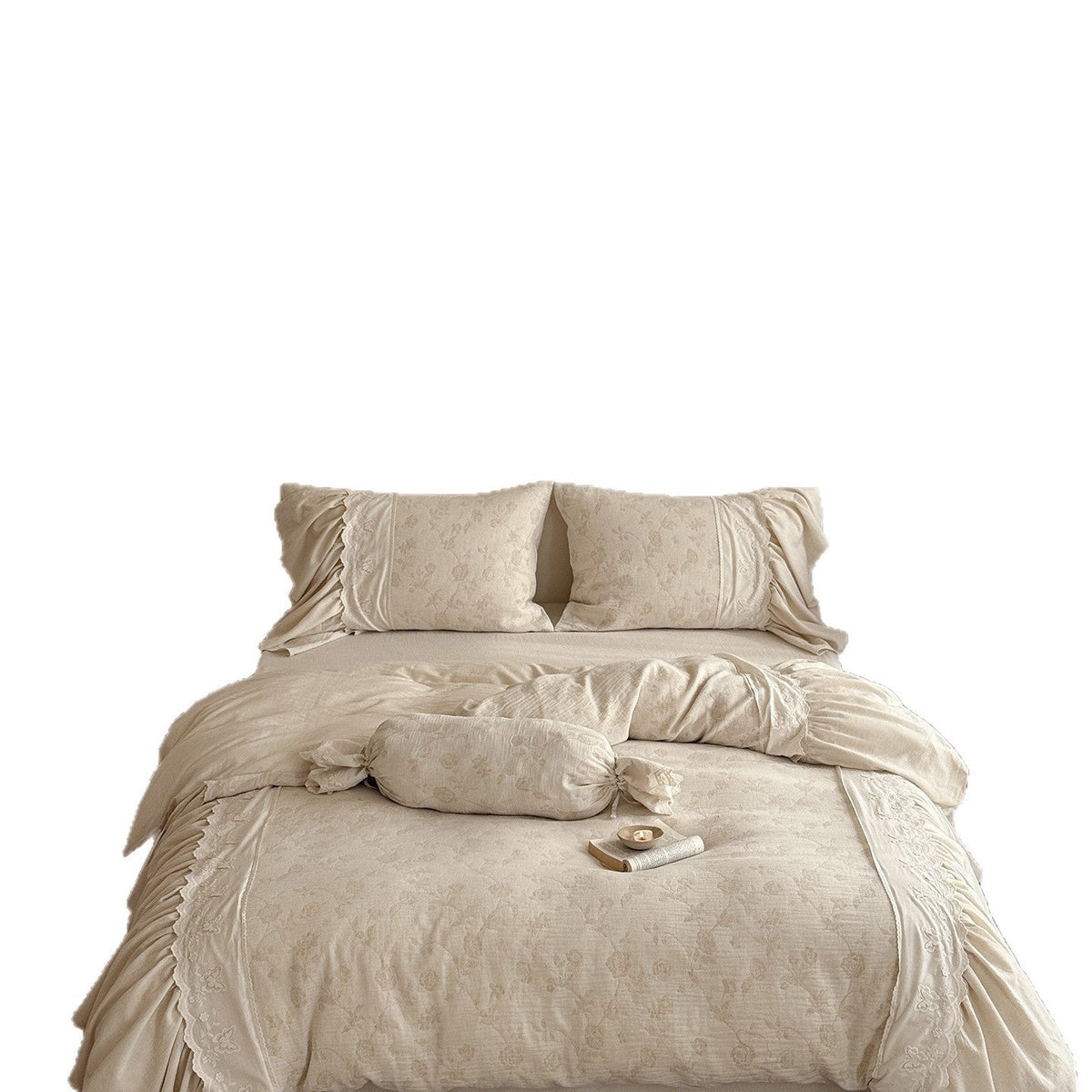 Washed Cotton-Linen Bedding Set with Ruffled Trim, Tone-on-Tone Floral Embroidery, and Lightweight Quilt