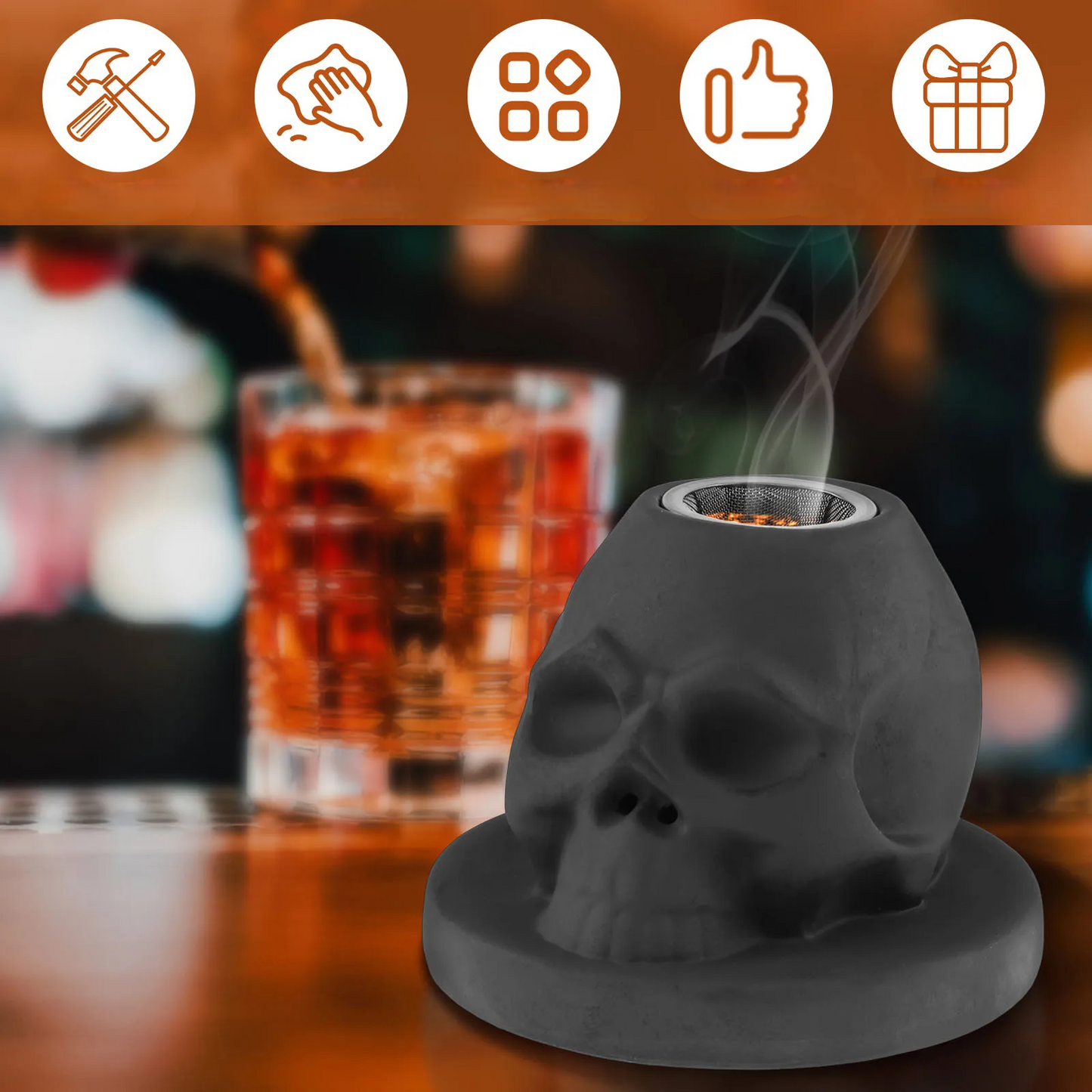Whiskey Smoking Kit in Ceramic Cocktail Skull – Vintage Ceramic Cocktail Smoker for Bold and Aromatic Drinks