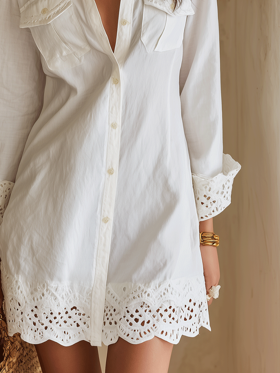 White Bohemian Eyelet Hem Resort Shirt Mini Dress