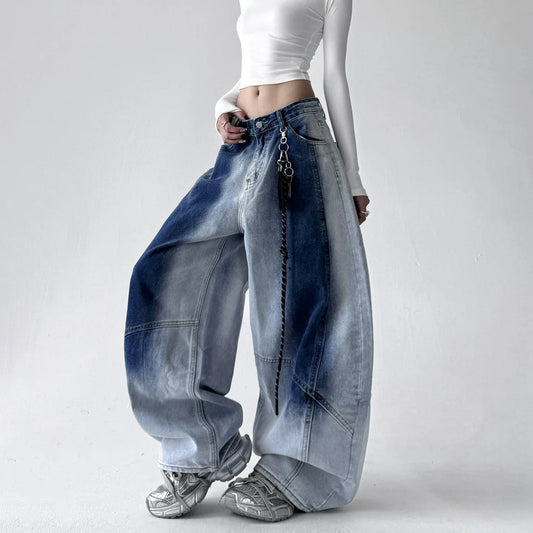 Jean baggy taille haute à jambes larges pour femme, avec ceinture