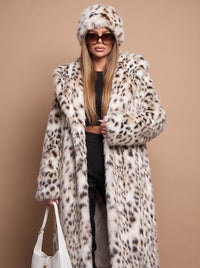 Women's Belted Maxi Faux Fur Leopard Print Overcoat
