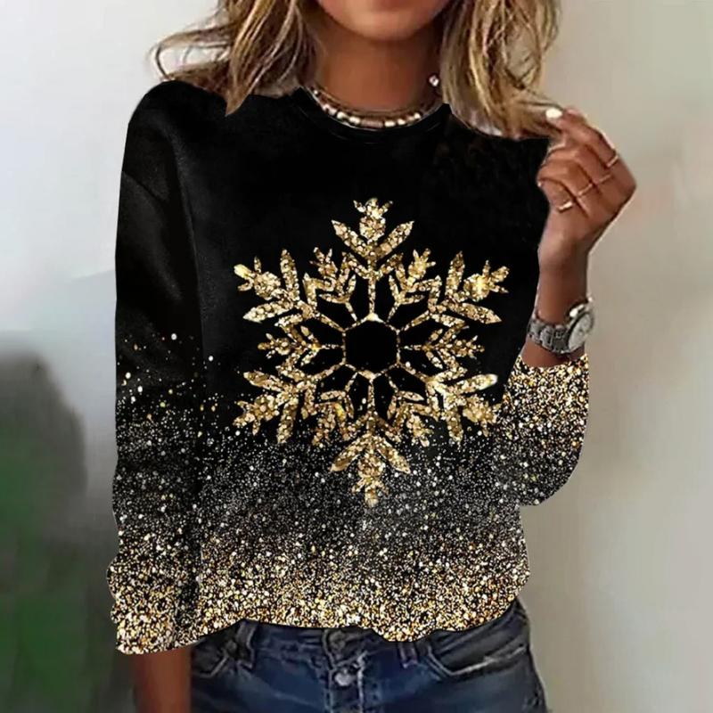 Women's Black Snowflake Glitter Print Long Sleeve Crew Neck Top