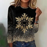 Women's Black Snowflake Glitter Print Long Sleeve Crew Neck Top