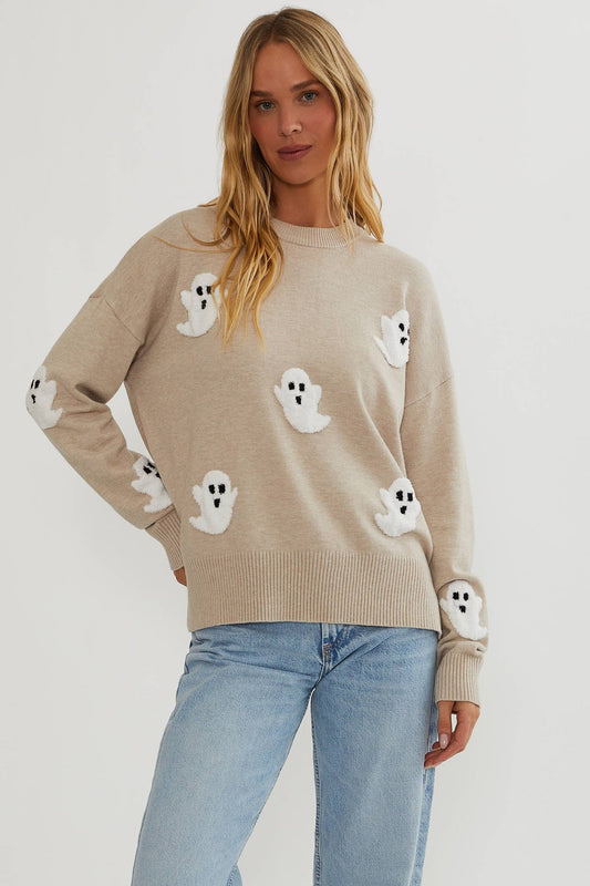 Pull en maille pour femme avec appliqué fantôme - Pull douillet à manches longues