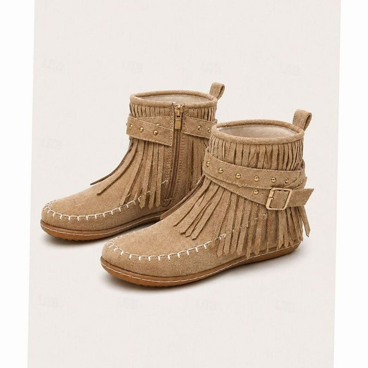 Bottines plates type mocassins pour femme, style bohème, à franges et bride à boucle