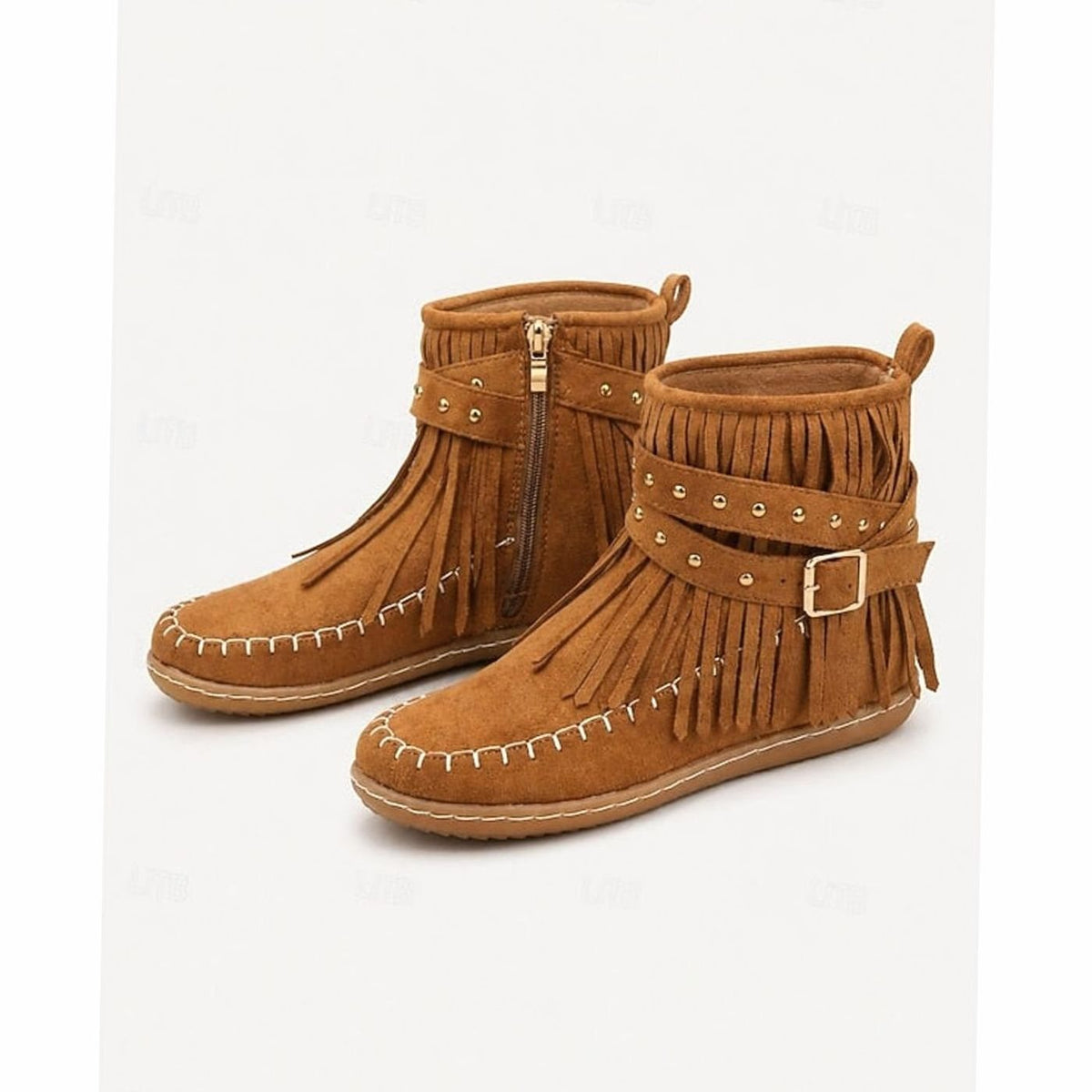 Bottines plates type mocassins pour femme, style bohème, à franges et bride à boucle