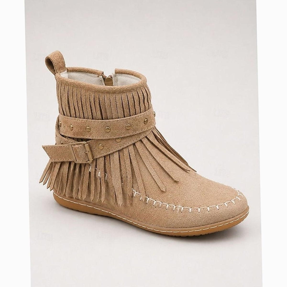 Bottines plates type mocassins pour femme, style bohème, à franges et bride à boucle