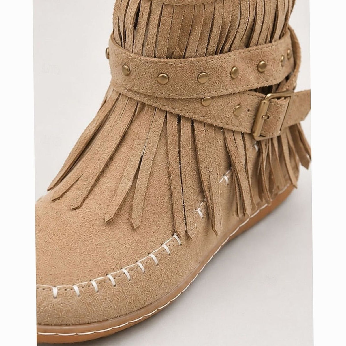 Bottines plates type mocassins pour femme, style bohème, à franges et bride à boucle
