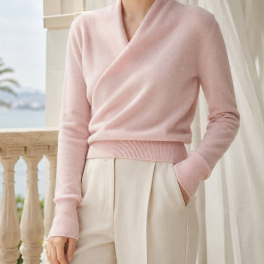 Pull en maille pour femme en mélange de cachemire, à col châle croisé