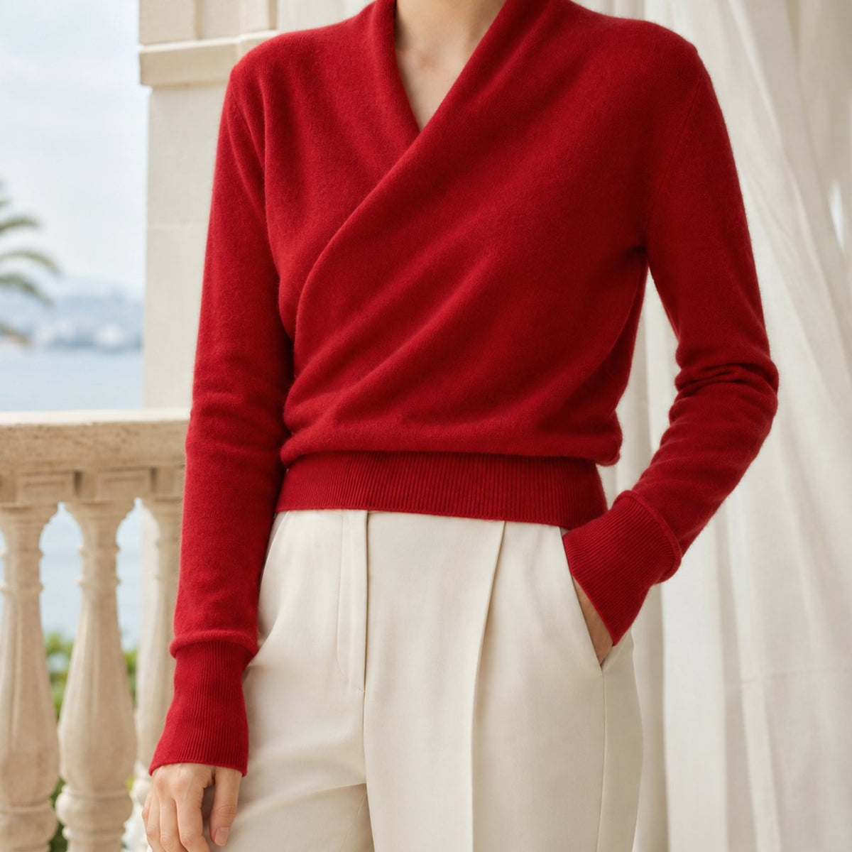 Pull en maille pour femme en mélange de cachemire, à col châle croisé