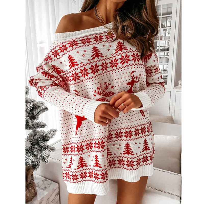 Women's Christmas Sweater – Oversized Off-the-Shoulder Holiday Sweater in Red & White, Cozy Festive Knitwear