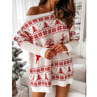 Women's Christmas Sweater – Oversized Off-the-Shoulder Holiday Sweater in Red & White, Cozy Festive Knitwear