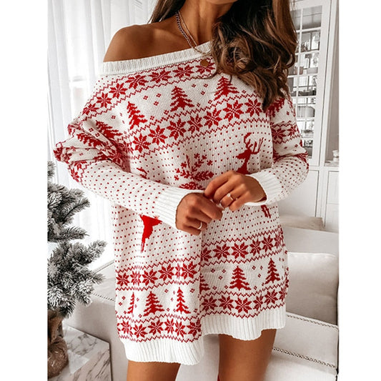 Pull de Noël pour femme - pull festif oversize à épaules dénudées, rouge et blanc, maille douillette