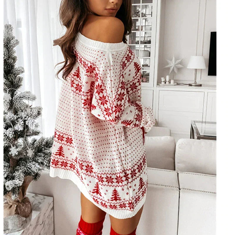 Women's Christmas Sweater – Oversized Off-the-Shoulder Holiday Sweater in Red & White, Cozy Festive Knitwear