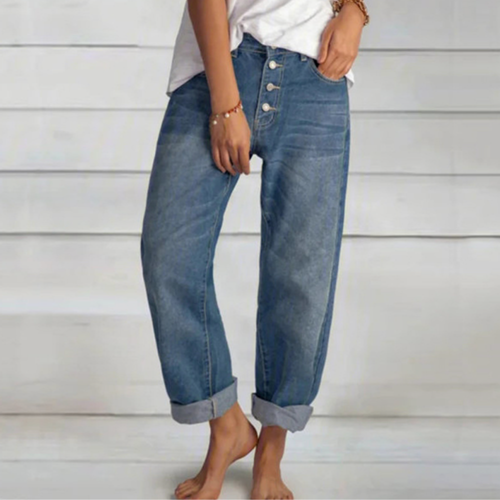 Women's Classic Blue Denim Jeans with Unique Design and Comfortable Fit