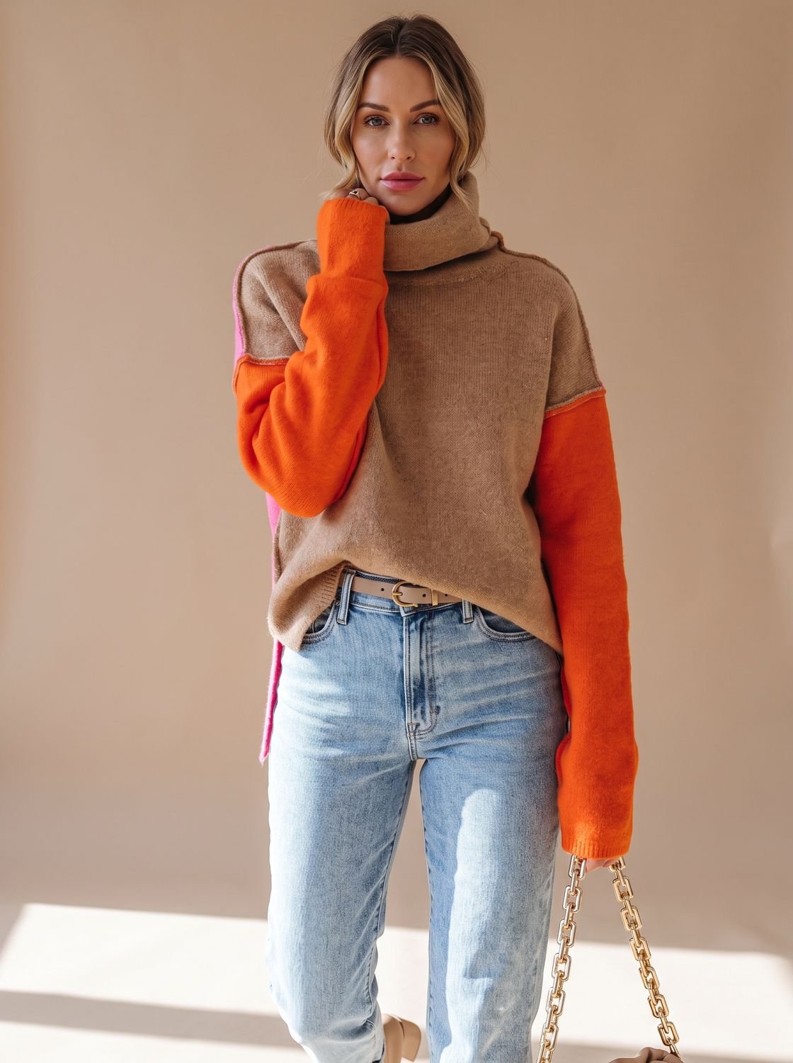 Women's Colorblock Turtleneck Relaxed-Fit Knit Sweater
