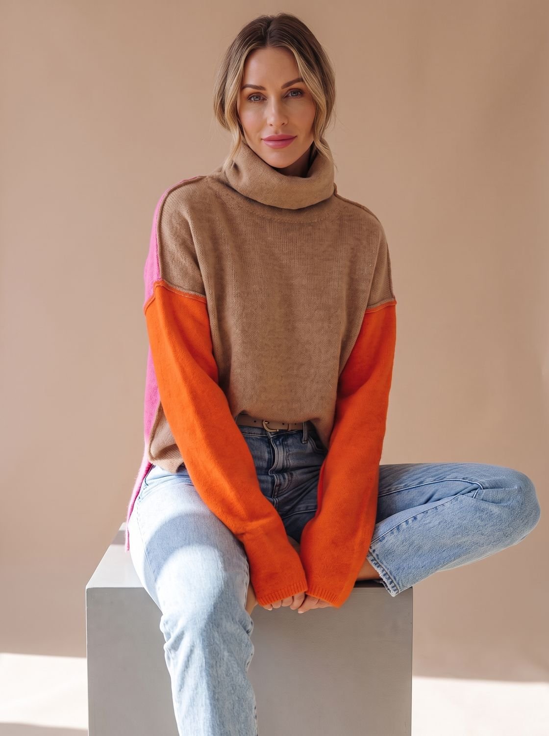 Women's Colorblock Turtleneck Relaxed-Fit Knit Sweater
