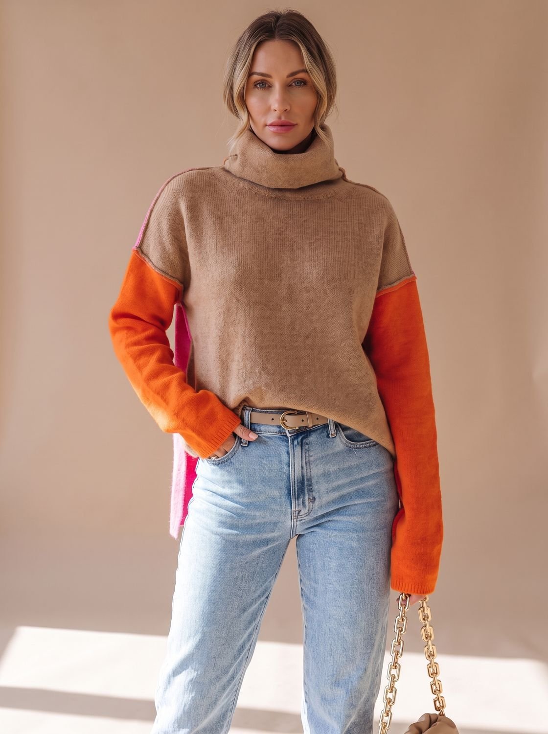 Women's Colorblock Turtleneck Relaxed-Fit Knit Sweater