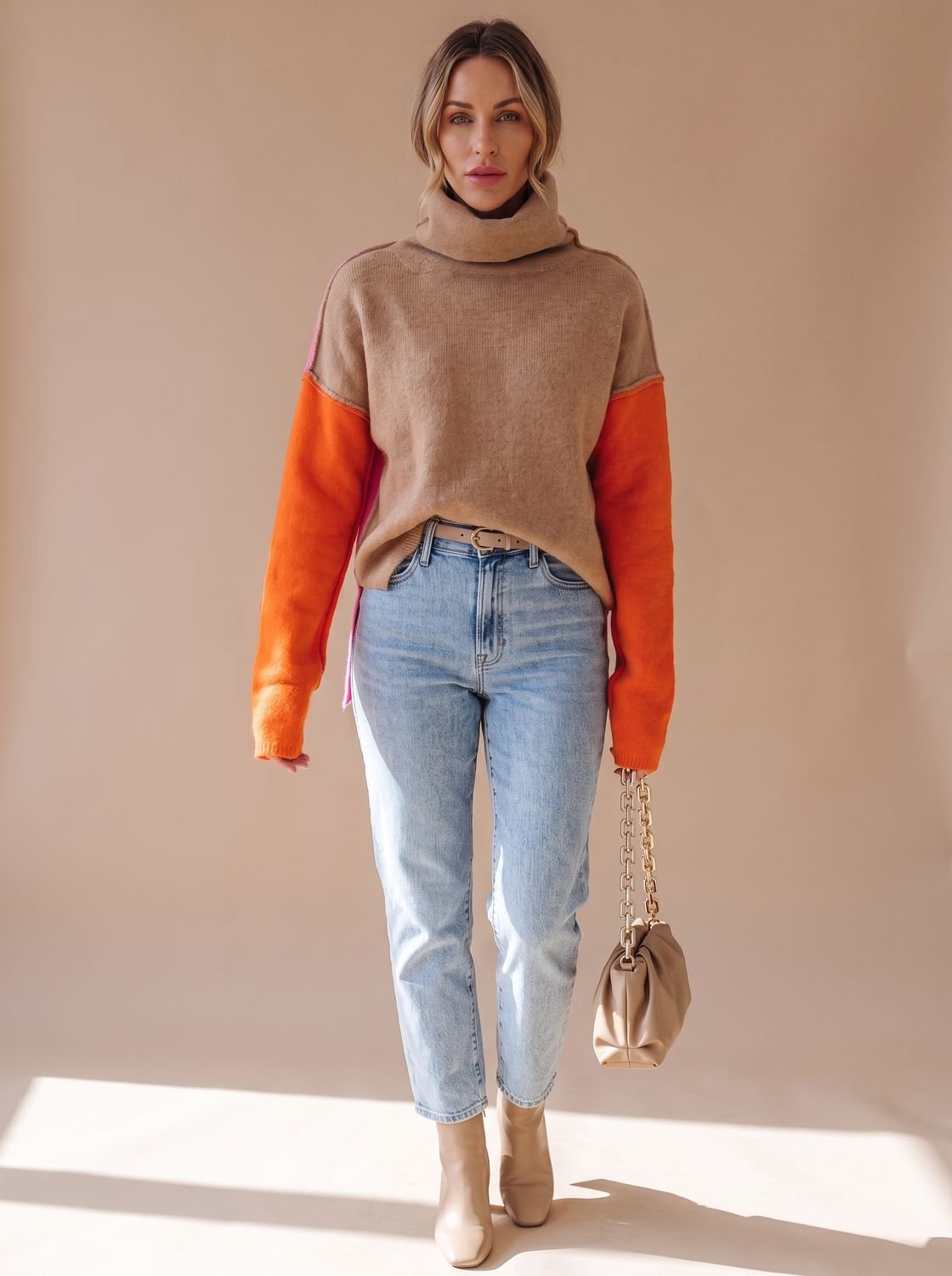 Women's Colorblock Turtleneck Relaxed-Fit Knit Sweater