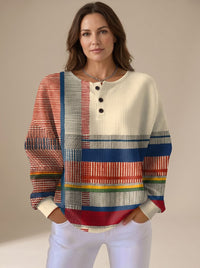 Pull Henley pour femme en maille gaufrée à empiècements color-block