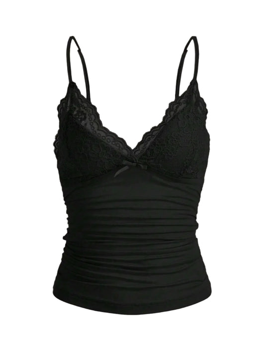 Top caraco court en dentelle contrastante avec nœud sur le devant pour femme