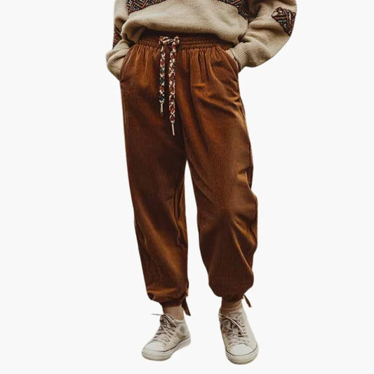 Pantalon en velours côtelé pour femme avec ceinture et poches latérales