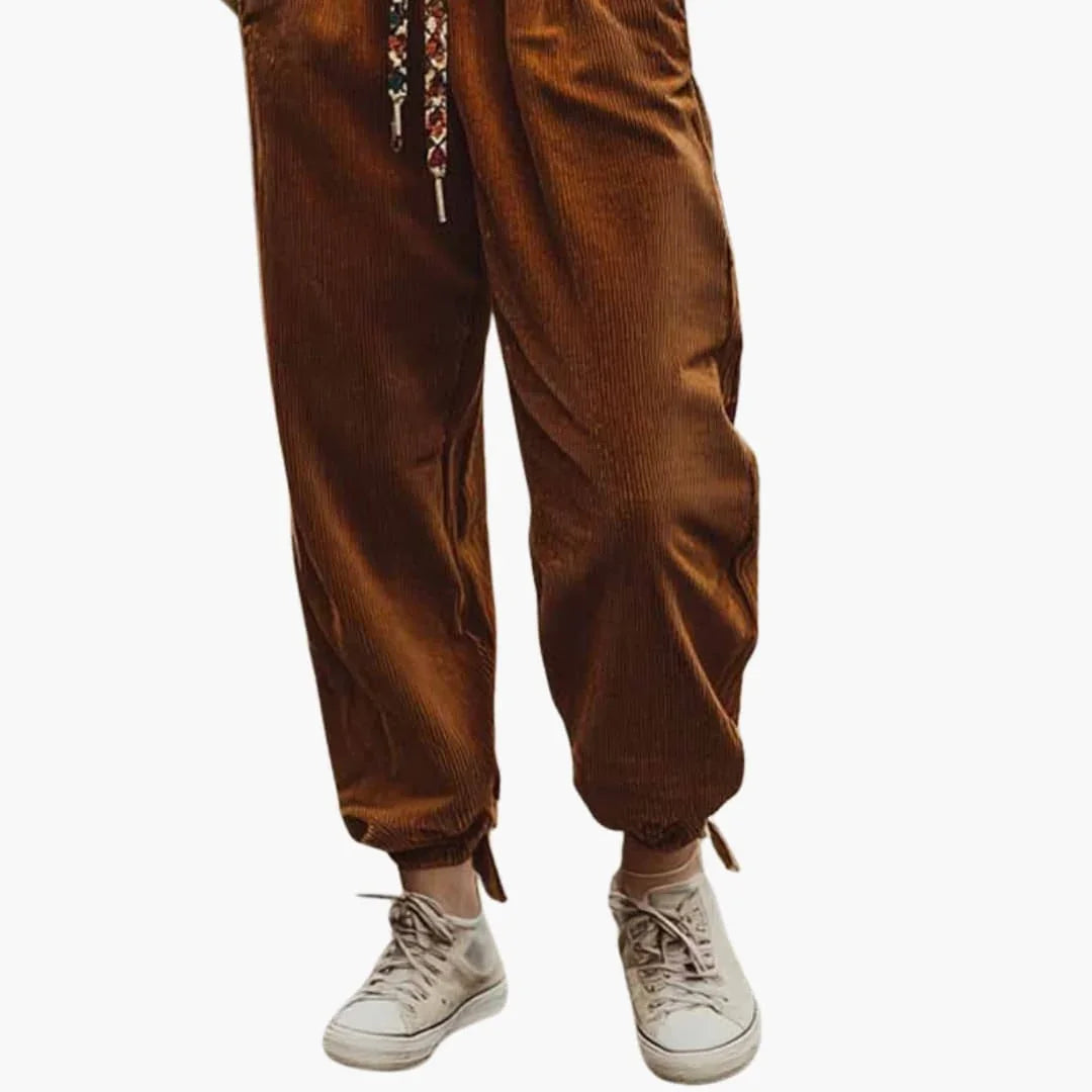 Pantalon en velours côtelé pour femme avec ceinture et poches latérales